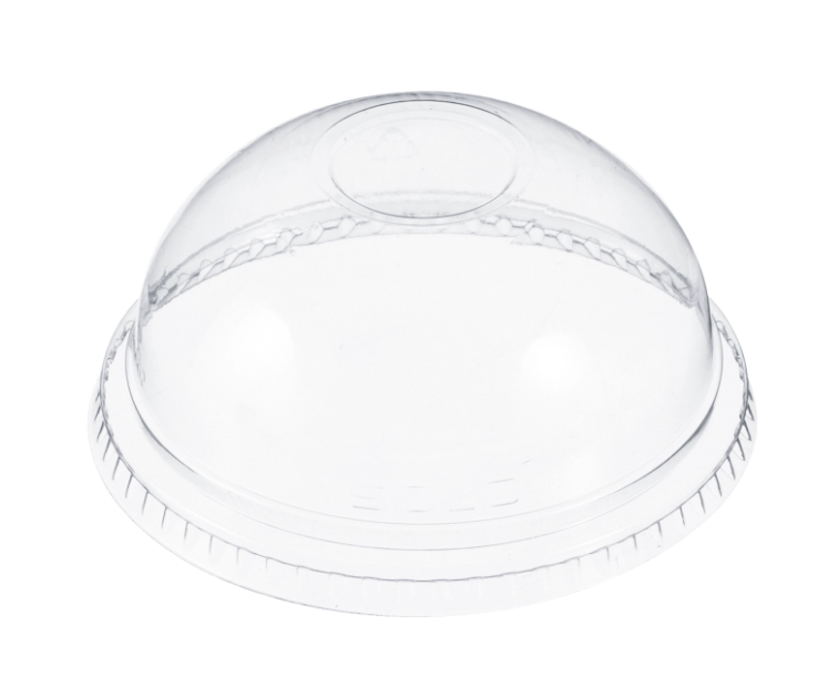 Tapa domo de plástico PET transparente para recipientes de 3.5 a 20 oz, sin orificio.