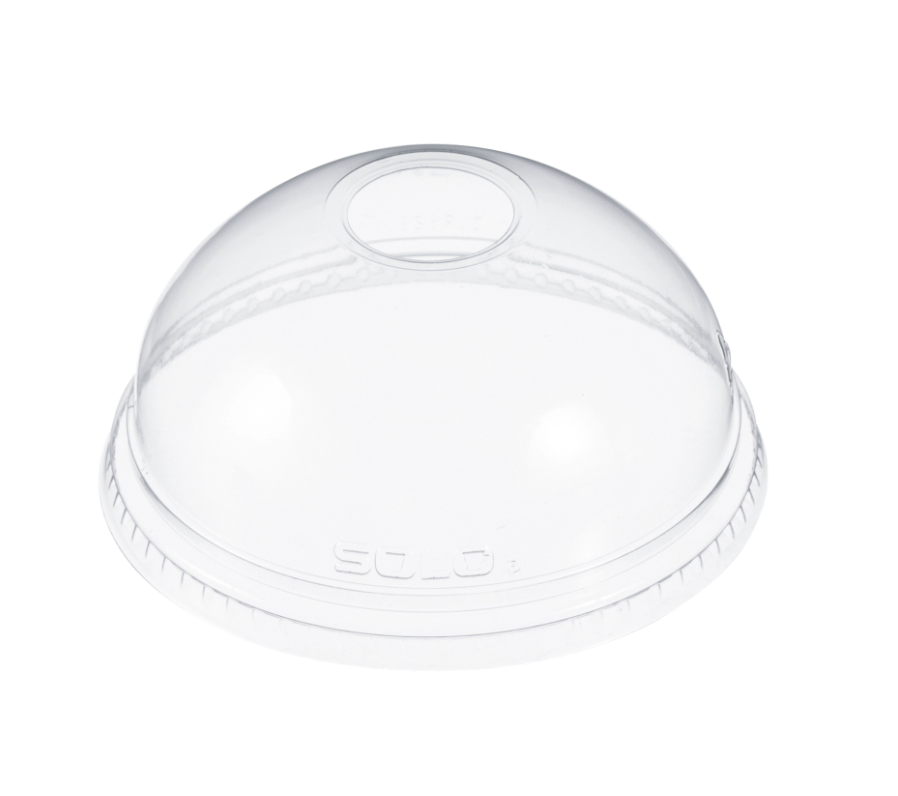 Tapa domo de plástico PET transparente para recipientes de 5.5 a 24 oz, con orificio de 1".
