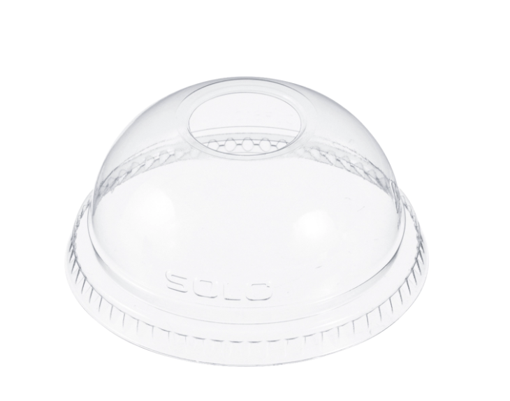 Tapa domo de plástico PET transparente para recipientes de 9 a 10 oz, con orificio de 1".