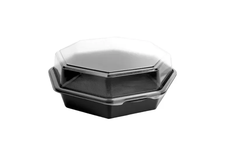 Contenedor OctaView® de PET 42oz negro/transparente con bisagra