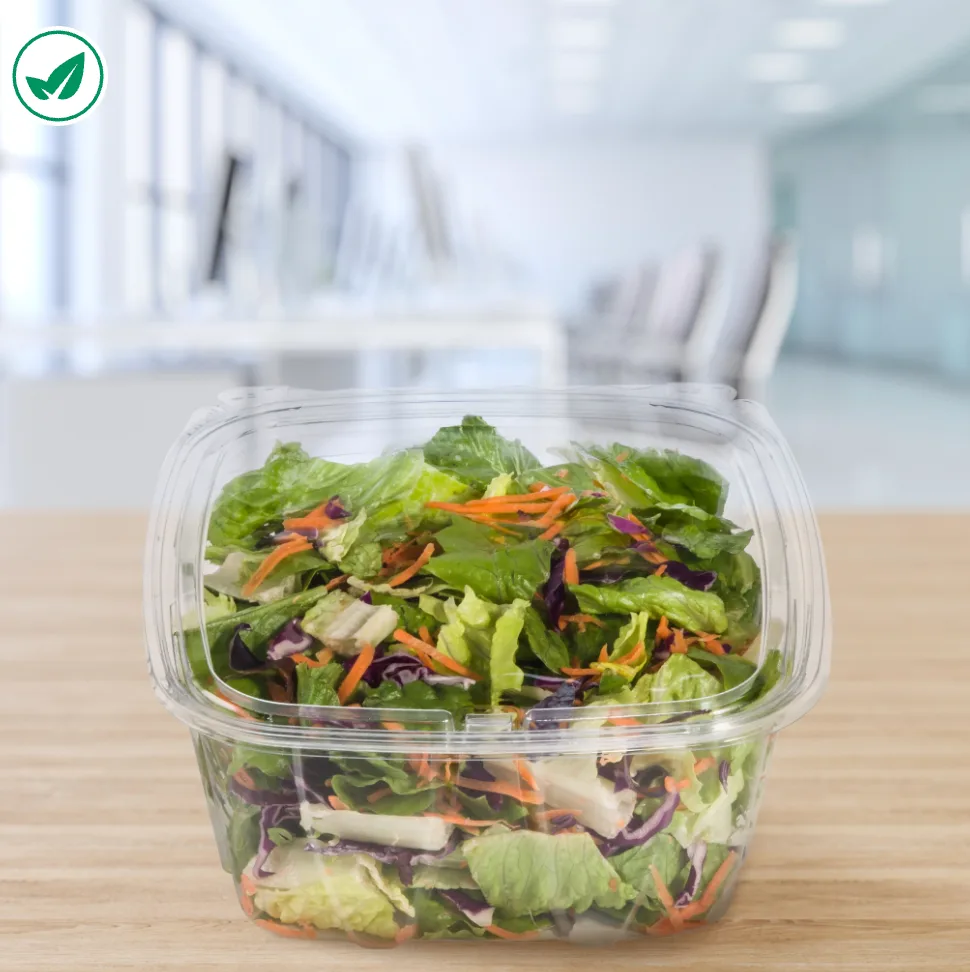 Contenedor ClearPac® SafeSeal™ de PET transparente de 64 oz con tapa abatible
