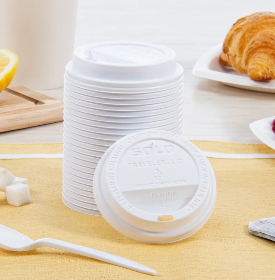 Tapa domo Traveler® de plástico PS blanca para vasos calientes